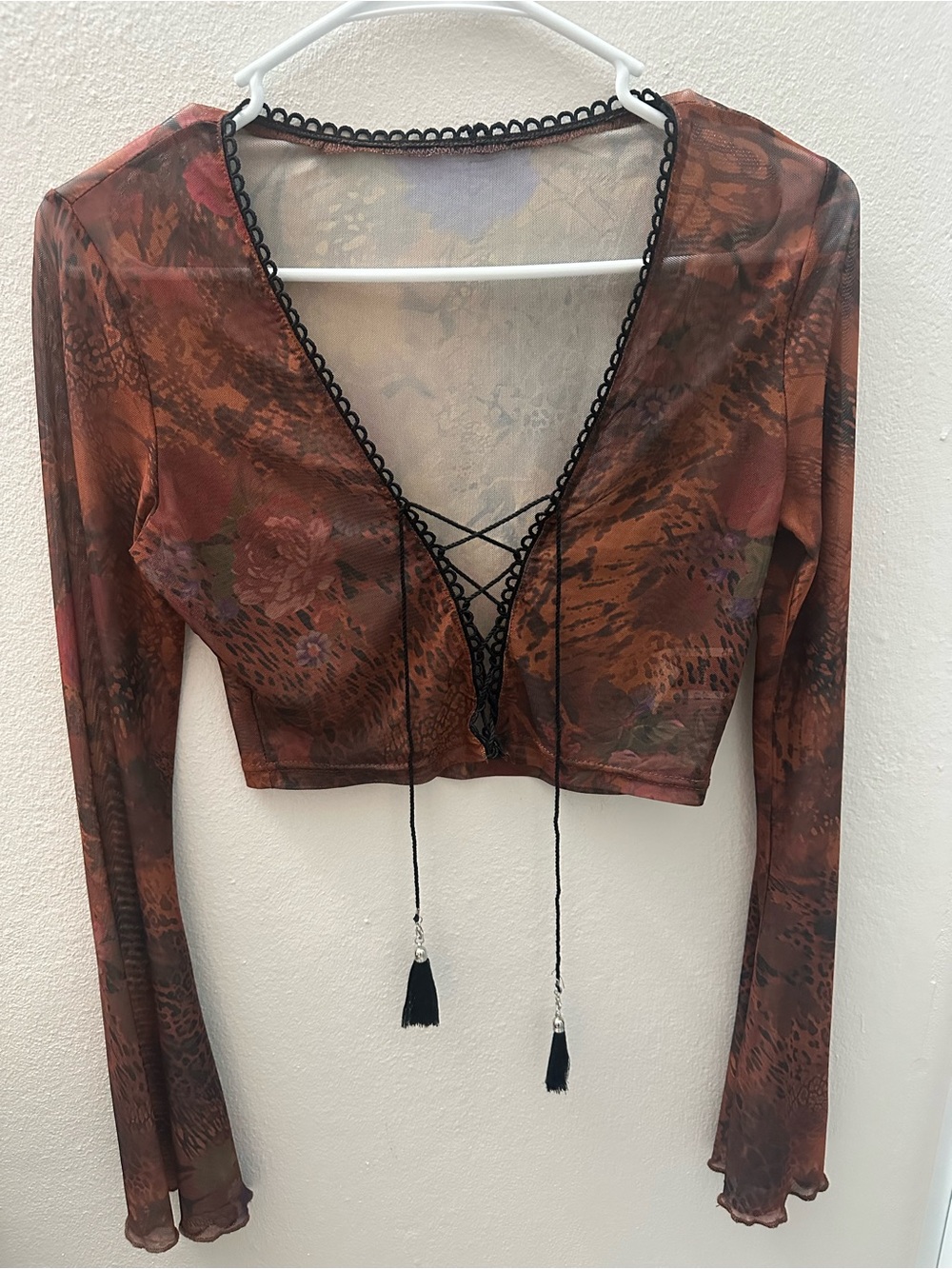 SHEIN Burnt Orange Floral Lace-Up Mesh Crop Top